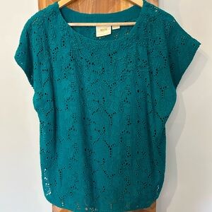 Anthropology Maeve Teal Boxy Eyelet Cap Sleeve Blouse
